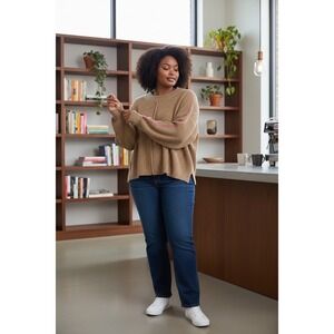 Halogen Womens XL Camel Tan Textured Knit Sweater Pink Sleeve Trim